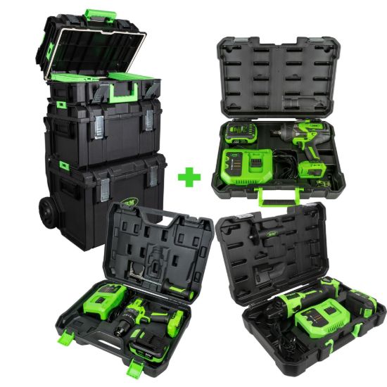 Imagem de CARRO MODULAR APILABLE + AMOLADORA  ANGULAR  + TALADRO PERCUTOR + PISTOLA DE IMPACTO CON MALETÍN