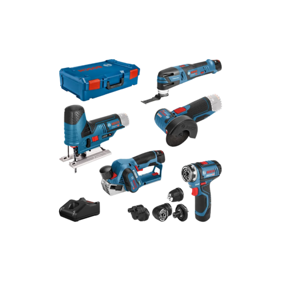 Imagem de Kit 5 Ferramentas: GSR 12V-15FC + GOP 12V-28 + GHO 12V-20 + GWS 12V-76 + GST 12V-70 + GBA (2x 2Ah + 1x 3Ah) + GAL 12V-40 + XL-Boxx