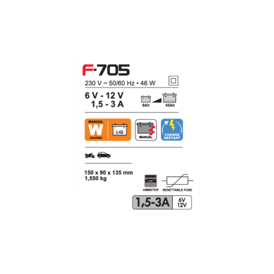 Imagem de Carregador de baterias Ferve, F-705 - 6/12V - 1.5 a 3A