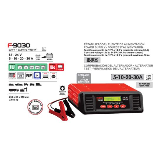 Imagem de Carregador de baterias Ferve, F-9030 - 12/24V - 5A a 30A (Função Fonte de Alimentação)